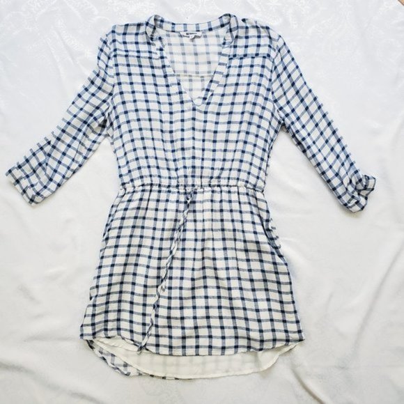 BB Dakota Danielle White & Blue Plaid Shirt Dress Size L - Picture 1 of 8